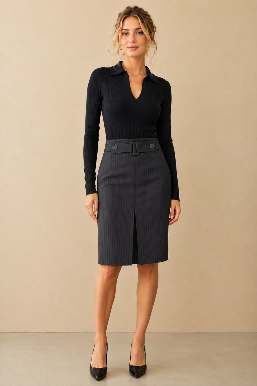 Black Pencil Skirt Pinstripe Black Front Slit Stretch 8 M Officecore Minimalist